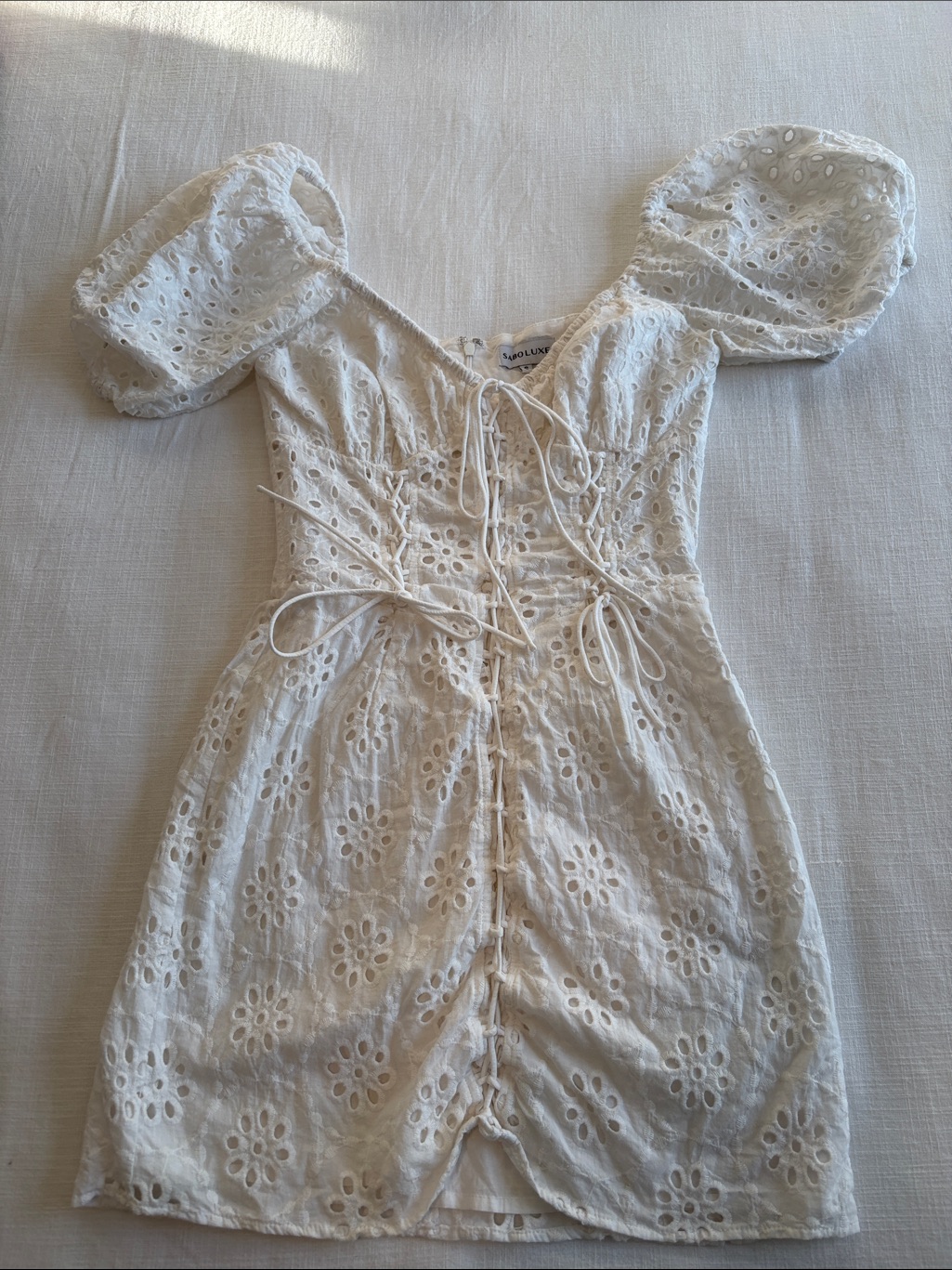 Sabo Skirt Cream Eyelet Puff-Sleeve Lace-Up Mini Dress